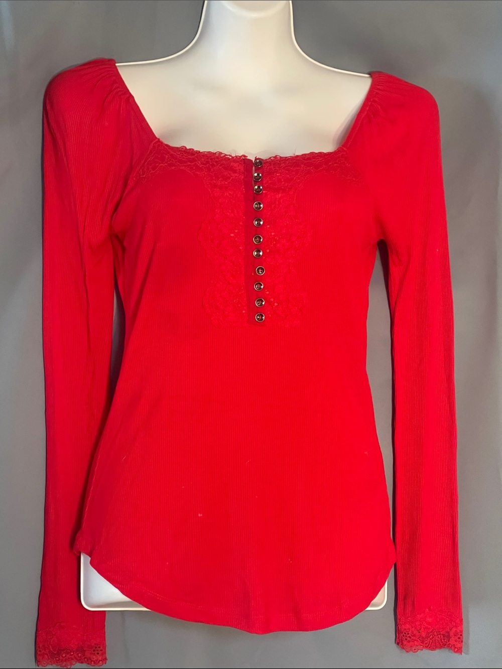 Chelsea & Violet Red Long Sleeve Lace-Trim Button Front Top